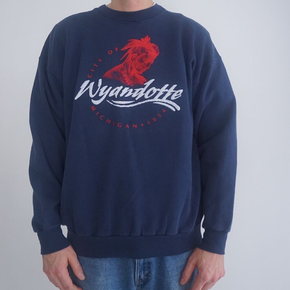 Vintage '90S Puff Print Wyandotte City Navy Crewneck Sweater Large By Hanes